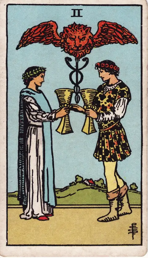 Two of Cups tarot card, illustrated by Pamela Colman Smith, 1909