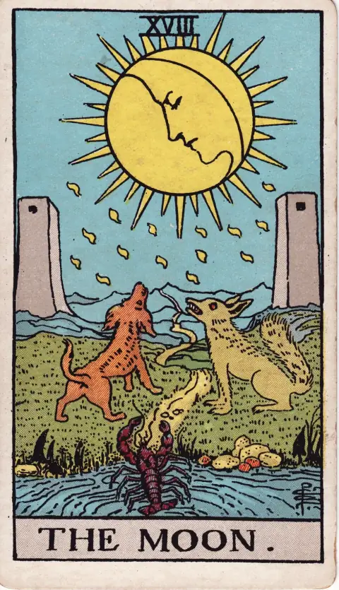The Moon tarot card, illustrated by Pamela Colman Smith, 1909