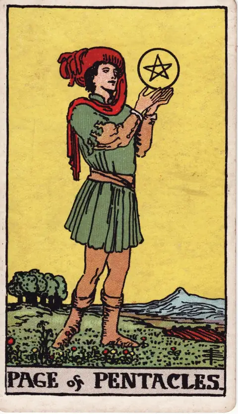 Page of Pentacles tarot card, illustrated by Pamela Colman Smith, 1909